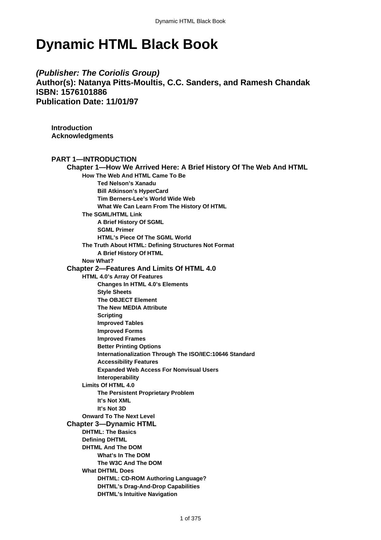 Dynamic HTML black book by Natanya Pitts-Moultis; C C Sanders; Ramesh Chandak