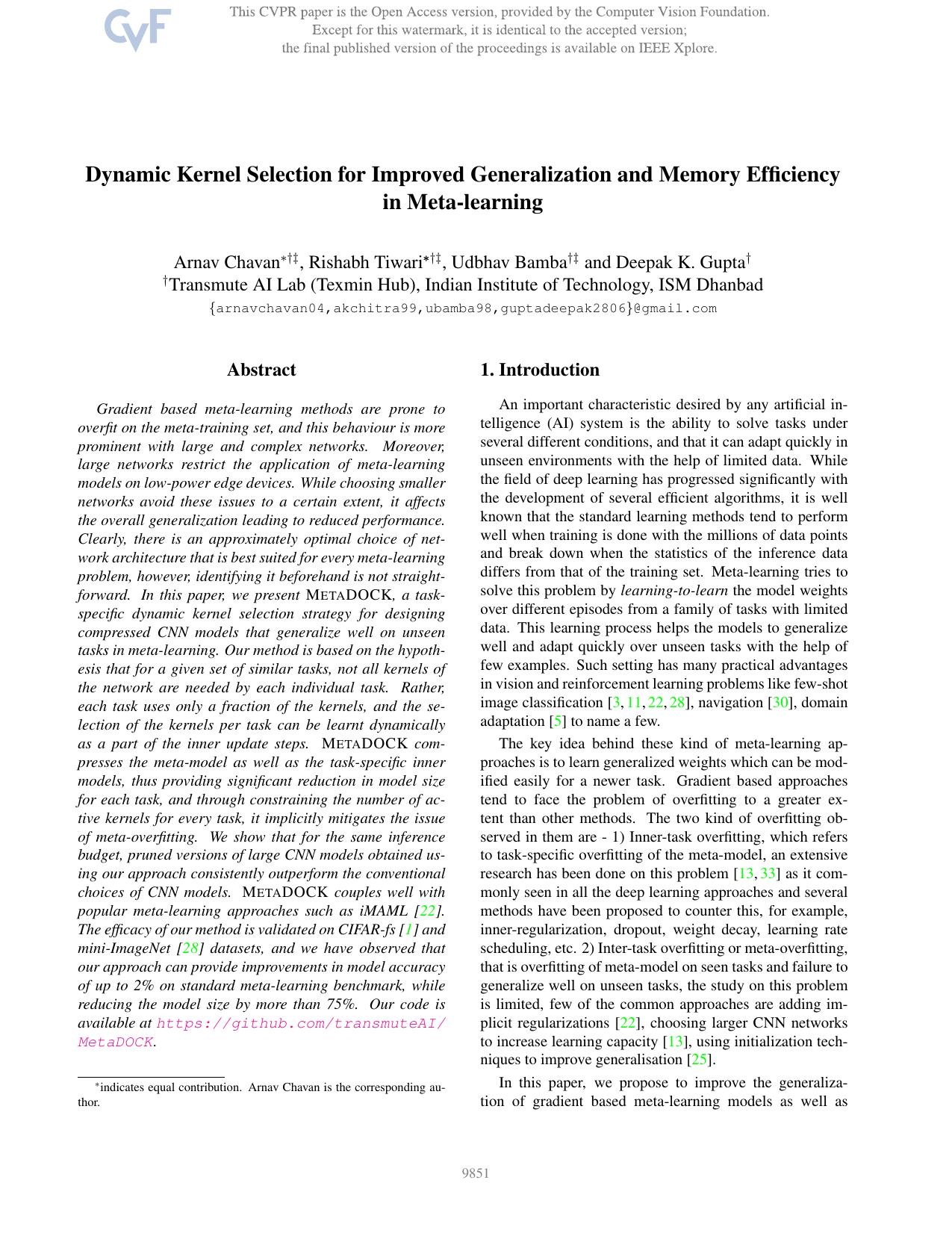 Dynamic Kernel Selection for Improved Generalization and Memory Efficiency in Meta-Learning by Arnav Chavan & Rishabh Tiwari & Udbhav Bamba & Deepak K. Gupta