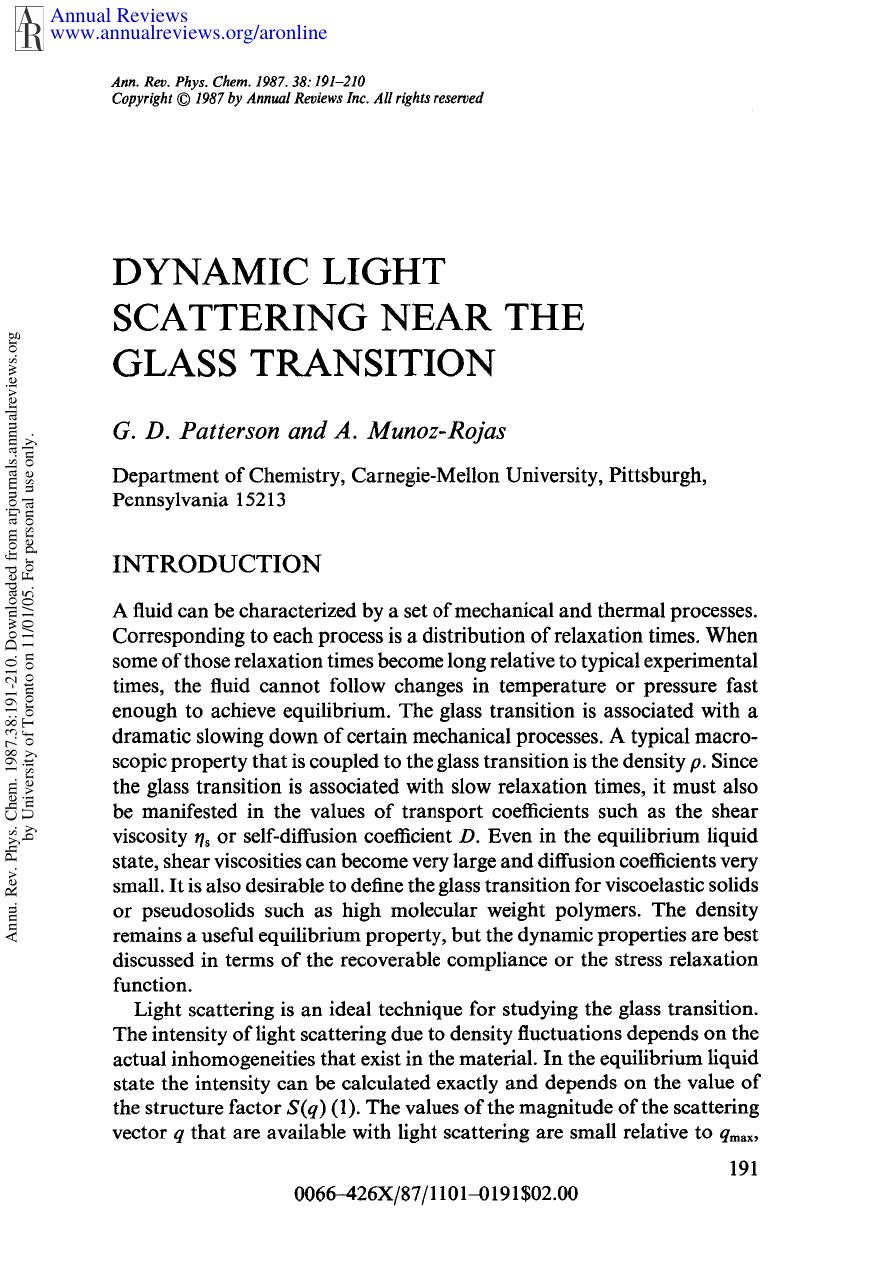 Dynamic Light Scattering Near the Glass Transition by G D Patterson & A Munoz-Rojas
