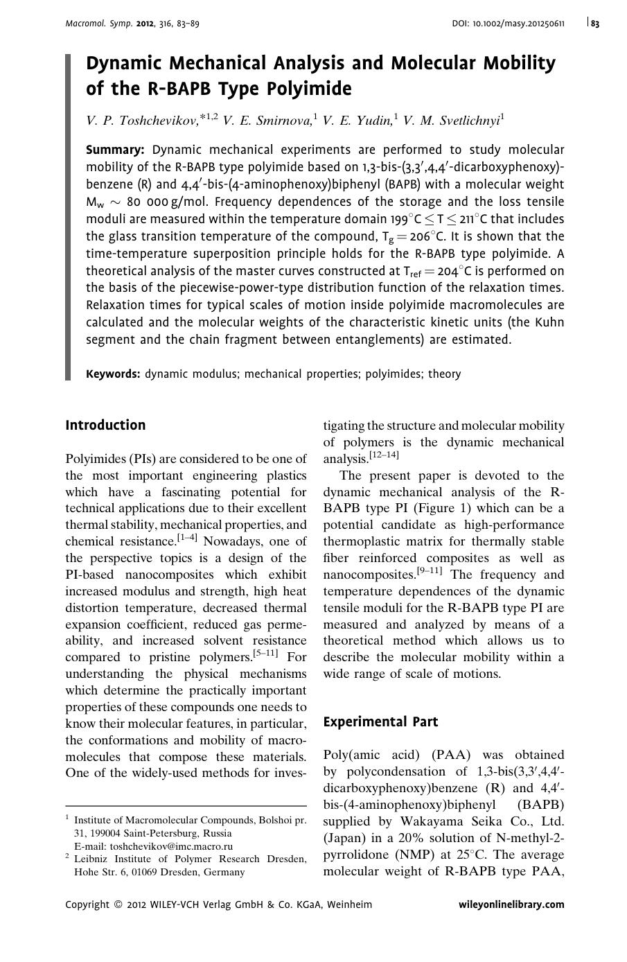 Dynamic Mechanical Analysis and Molecular Mobility of the RBAPB Type Polyimide by Unknown