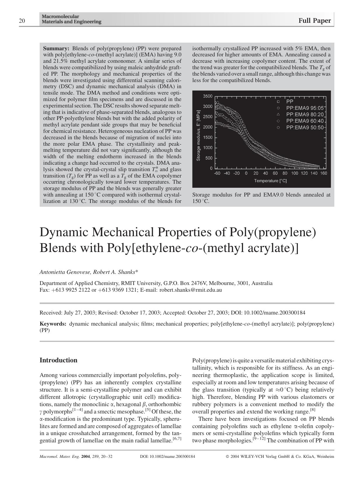 Dynamic Mechanical Properties of Poly(propylene) Blends with Poly[ethylene-co-(methyl acrylate)] by Unknown