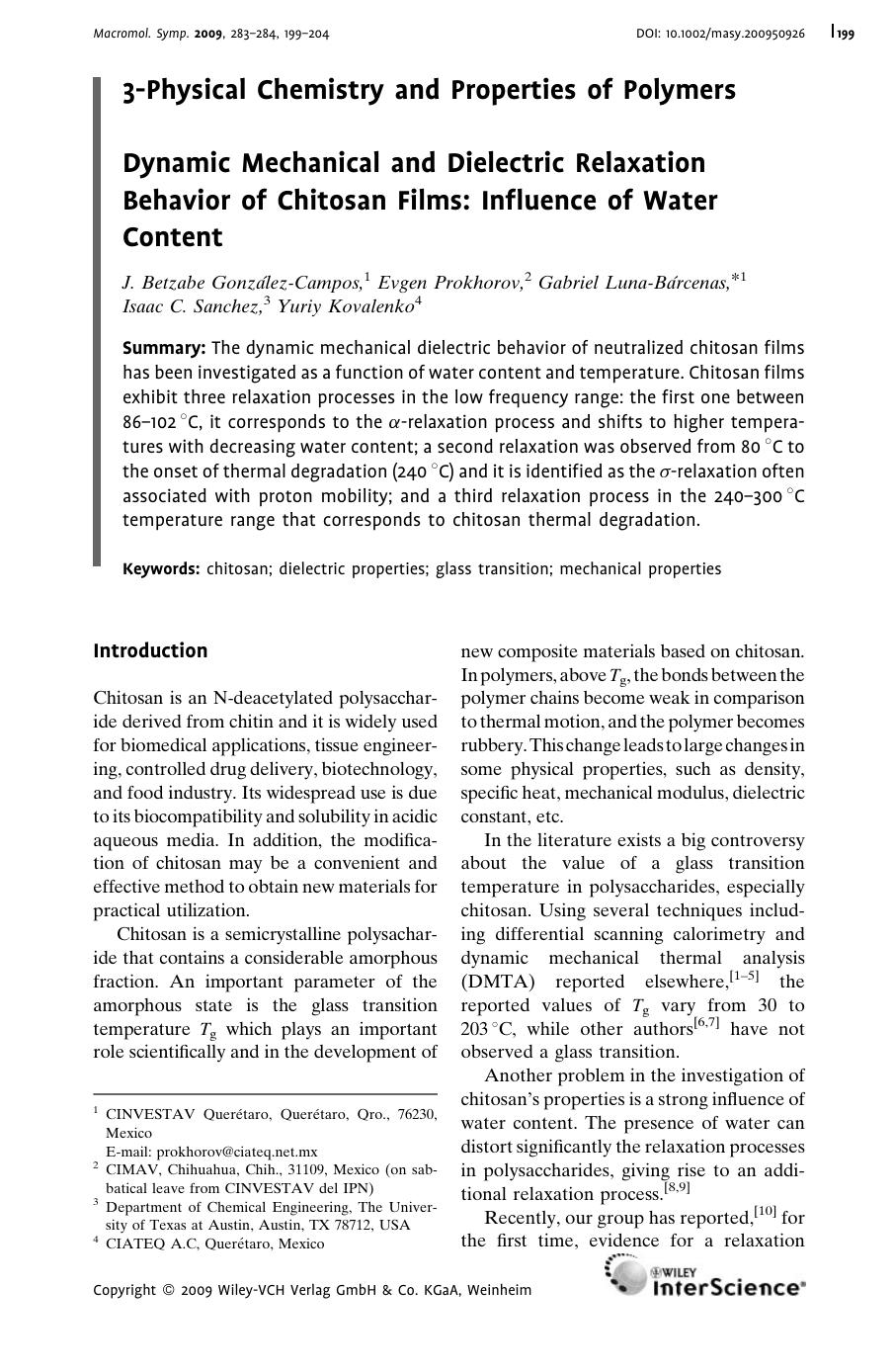 Dynamic Mechanical and Dielectric Relaxation Behavior of Chitosan Films: Influence of Water Content by Unknown