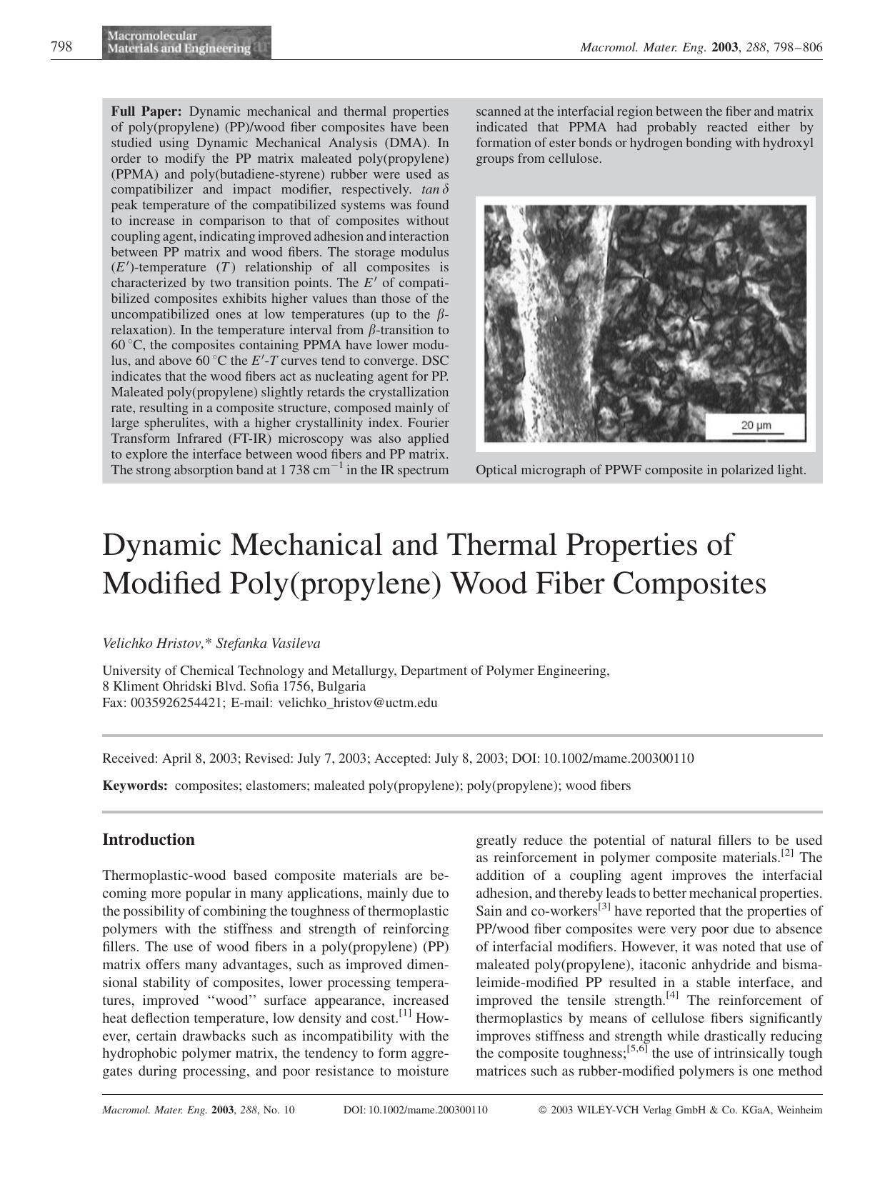 Dynamic Mechanical and Thermal Properties of Modified Poly(propylene) Wood Fiber Composites by Unknown
