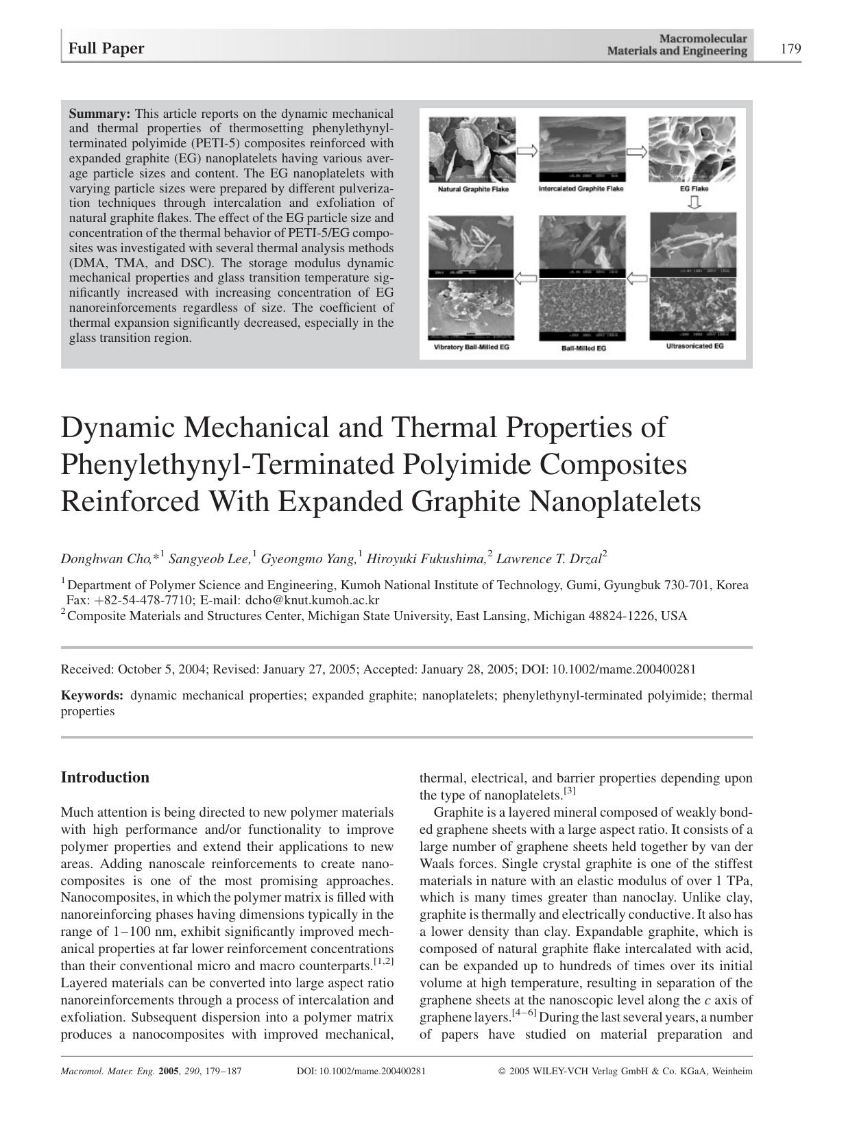 Dynamic Mechanical and Thermal Properties of Phenylethynyl-Terminated Polyimide Composites Reinforced With Expanded Graphite Nanoplatelets by Unknown