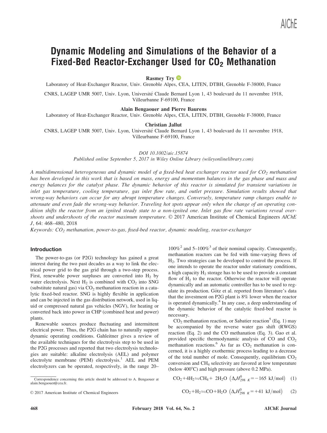 Dynamic Modeling and Simulations of the Behavior of a Fixed‐Bed Reactor‐Exchanger Used for CO2 Methanation by Unknown