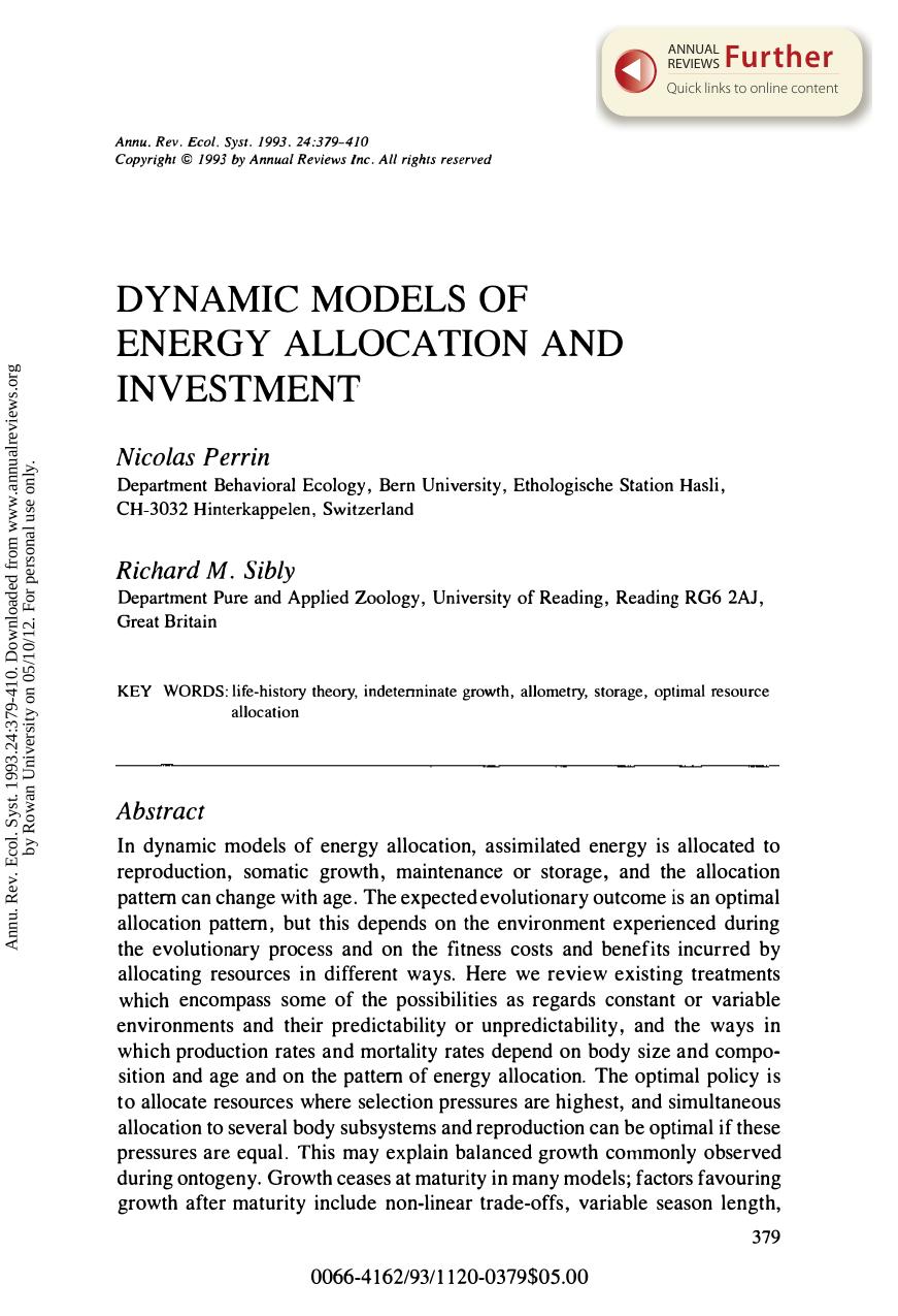 Dynamic Models of Energy Allocation and Investment by N Perrin & and R M Sibly