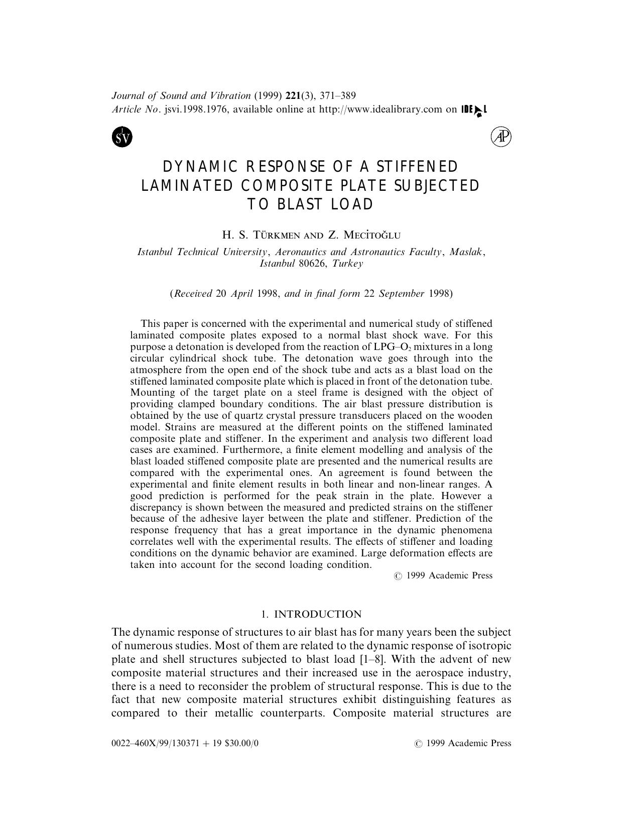 Dynamic Response of a Stiffened Laminated Composite Plate Subjected to Blast Load by Turkmen H. S. & Mecitoglu Z