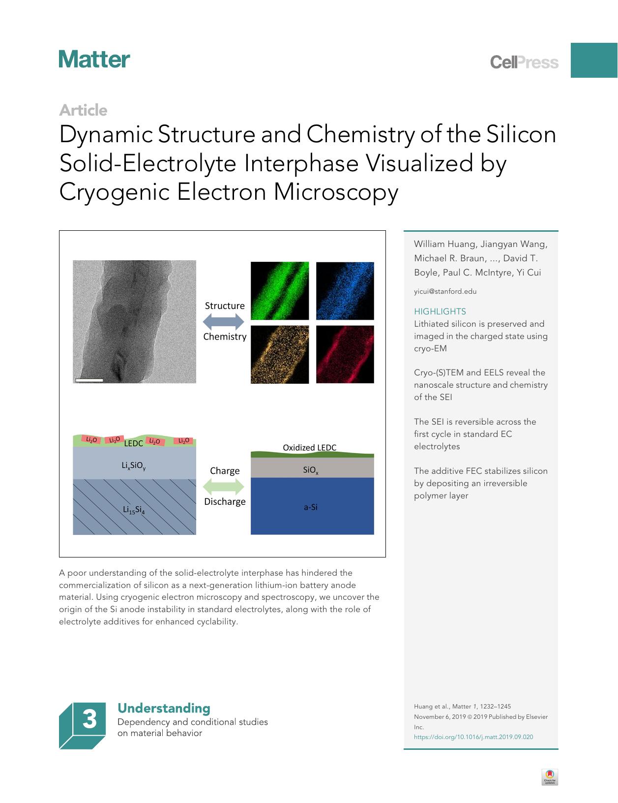 Dynamic Structure and Chemistry of the Silicon Solid-Electrolyte Interphase Visualized by Cryogenic Electron Microscopy by unknow
