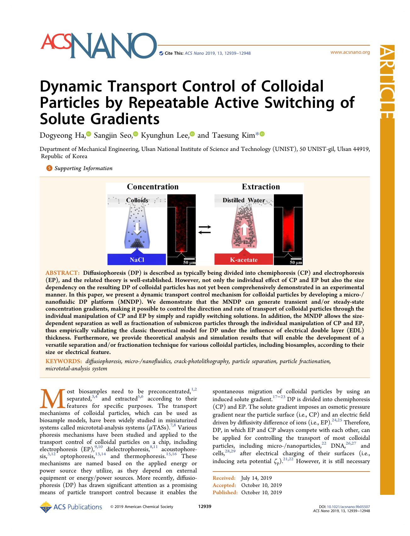 Dynamic Transport Control of Colloidal Particles by Repeatable Active Switching of Solute Gradients by Dogyeong Ha Sangjin Seo Kyunghun Lee and Taesung Kim