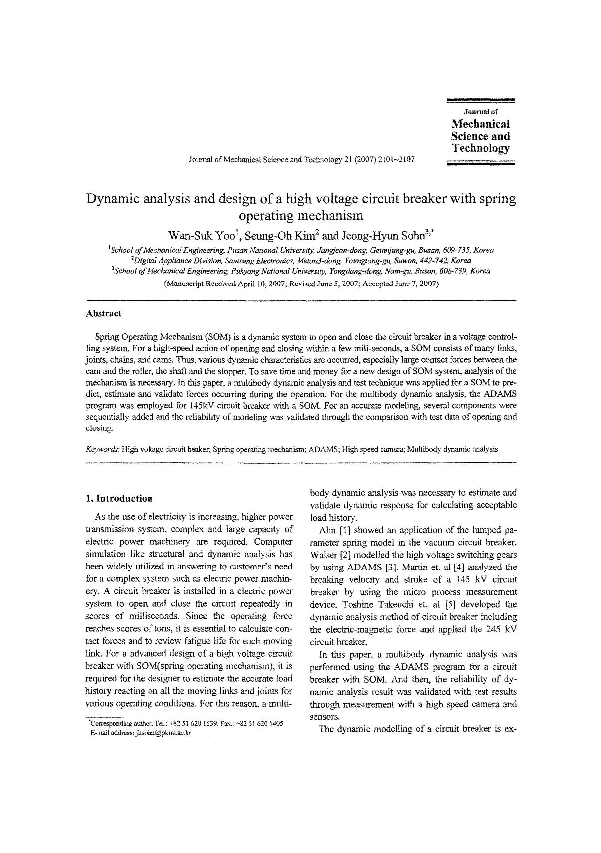 Dynamic analysis and design of a high voltage circuit breaker with spring operating mechanism by Unknown