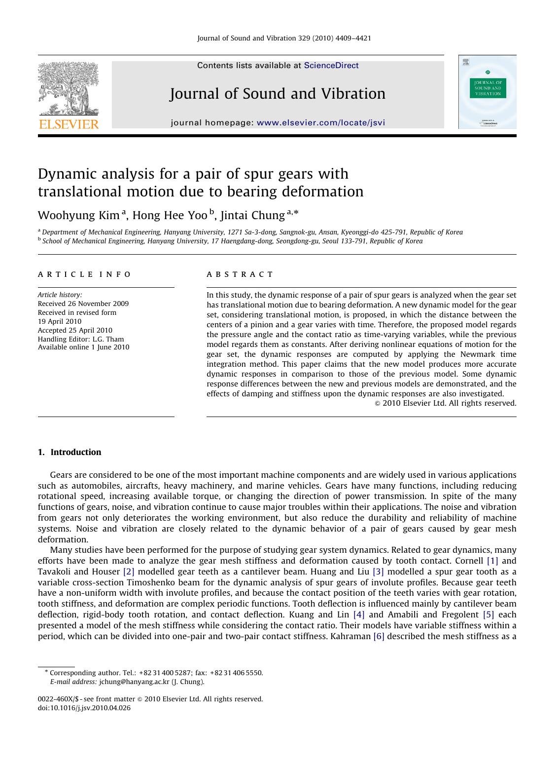 Dynamic analysis for a pair of spur gears with translational motion due to bearing deformation by Woohyung Kim; Hong Hee Yoo; Jintai Chung
