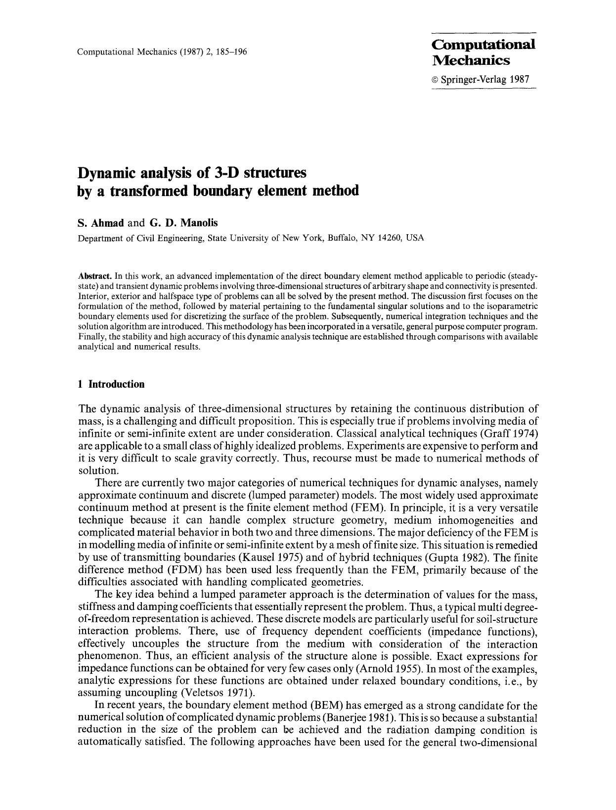 Dynamic analysis of 3-D structures by a transformed boundary element method by Unknown