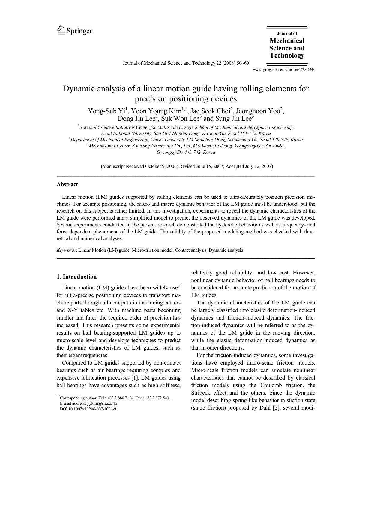 Dynamic analysis of a linear motion guide having rolling elements for precision positioning devices by Unknown