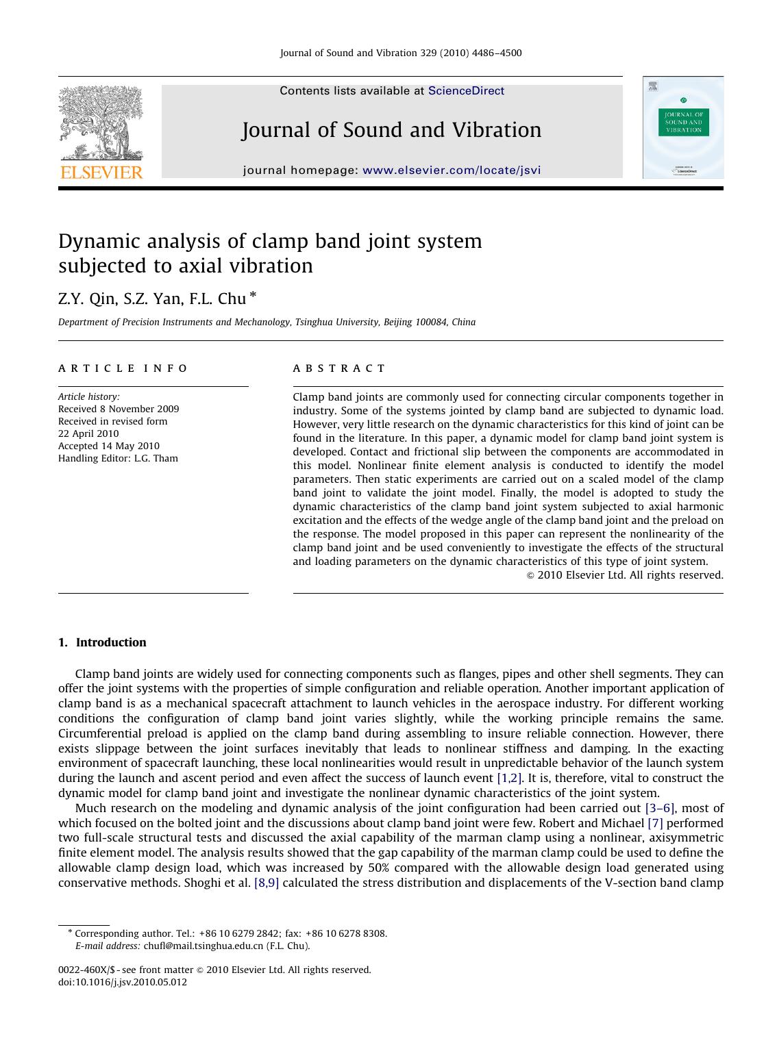 Dynamic analysis of clamp band joint system subjected to axial vibration by Z.Y. Qin; S.Z. Yan; F.L. Chu