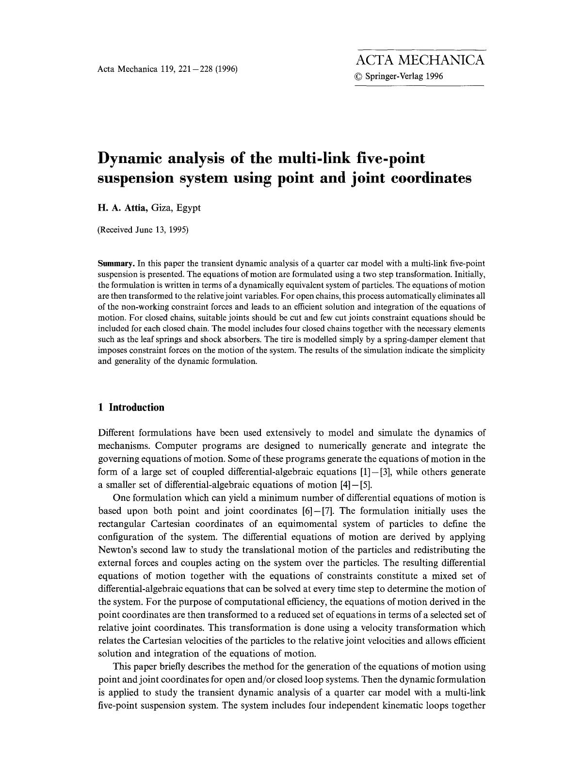 Dynamic analysis of the multi-link five-point suspension system using point and joint coordinates by Unknown