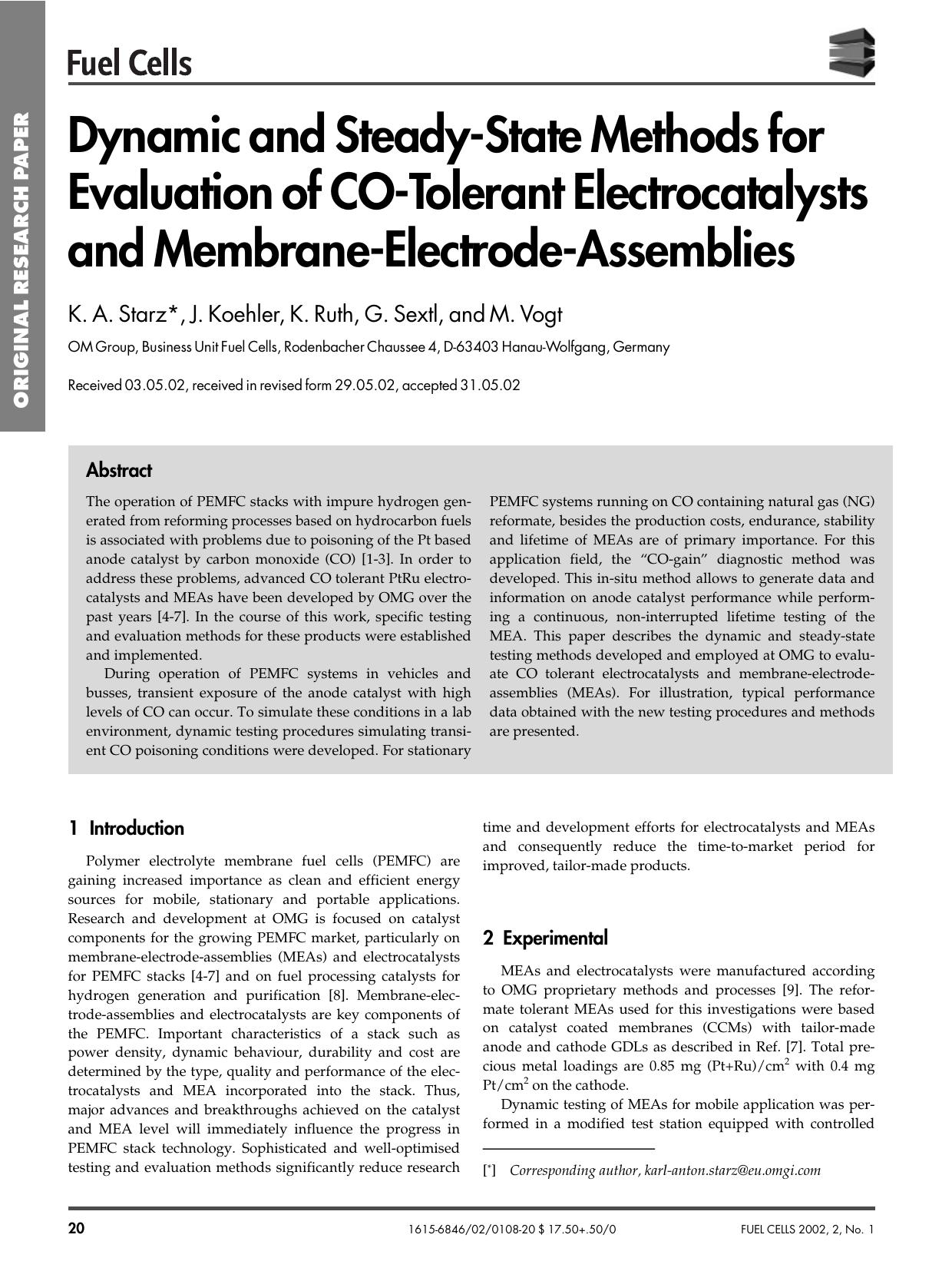 Dynamic and Steady-State Methods for Evaluation of CO-Tolerant Electrocatalysts and Membrane-Electrode-Assemblies by Unknown