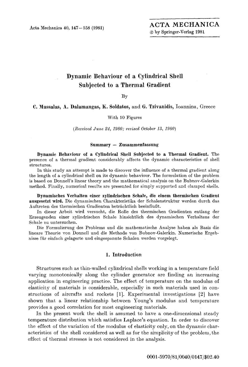 Dynamic behavior of a cylindrical shell subjected to a thermal gradient by Unknown