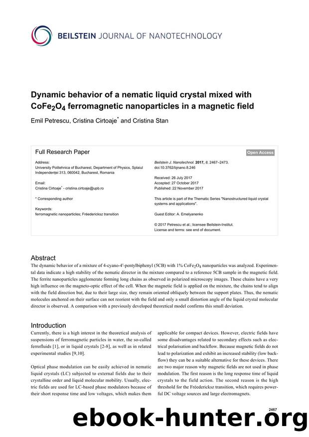 Dynamic behavior of a nematic liquid crystal mixed with CoFe2O4 ferromagnetic nanoparticles in a magnetic field by Emil Petrescu Cristina Cirtoaje Cristina Stan
