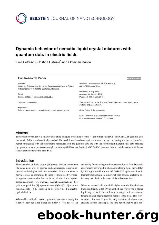 Dynamic behavior of nematic liquid crystal mixtures with quantum dots in electric fields by Emil Petrescu Cristina Cirtoaje Octavian Danila
