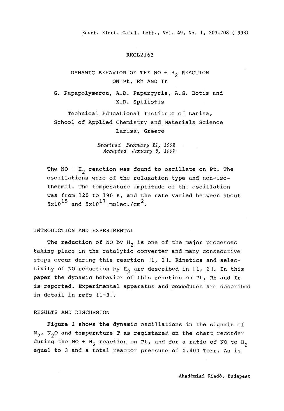 Dynamic behavior of the NO+H <Subscript>2 <Subscript> reaction on Pt, Rh and Ir by Unknown