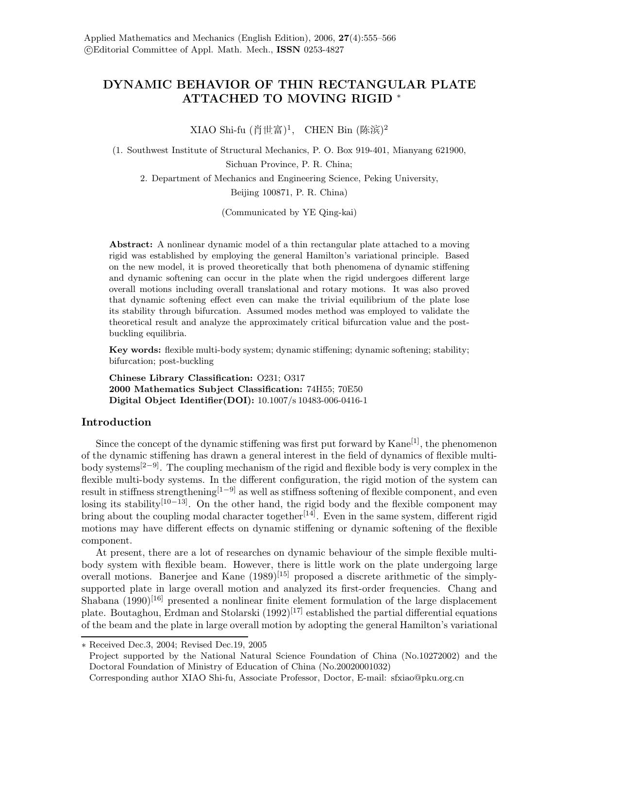 Dynamic behavior of thin rectangular plate attached to moving rigid by Unknown