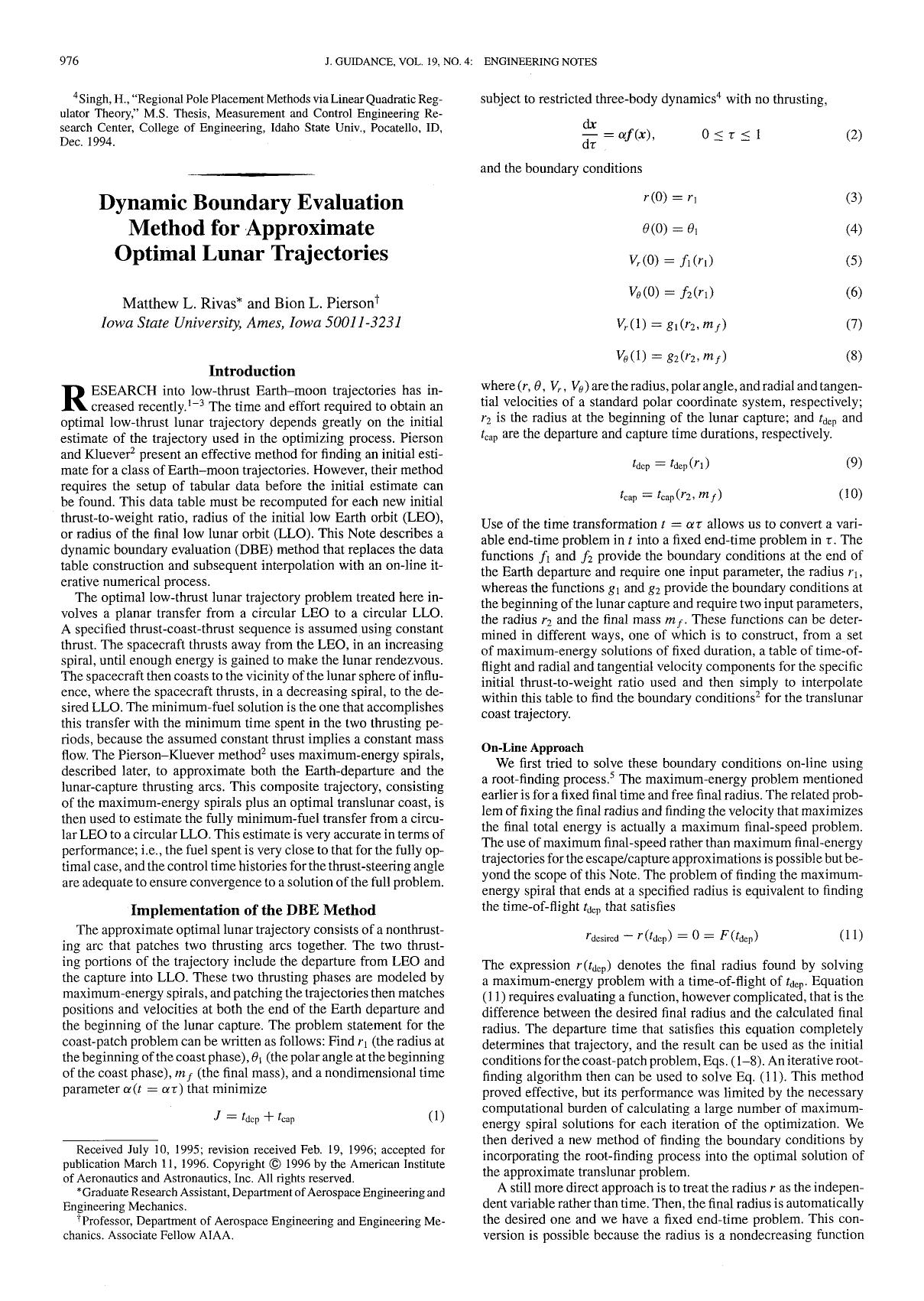 Dynamic boundary evaluation method for approximate optimal lunar trajectories by Unknown