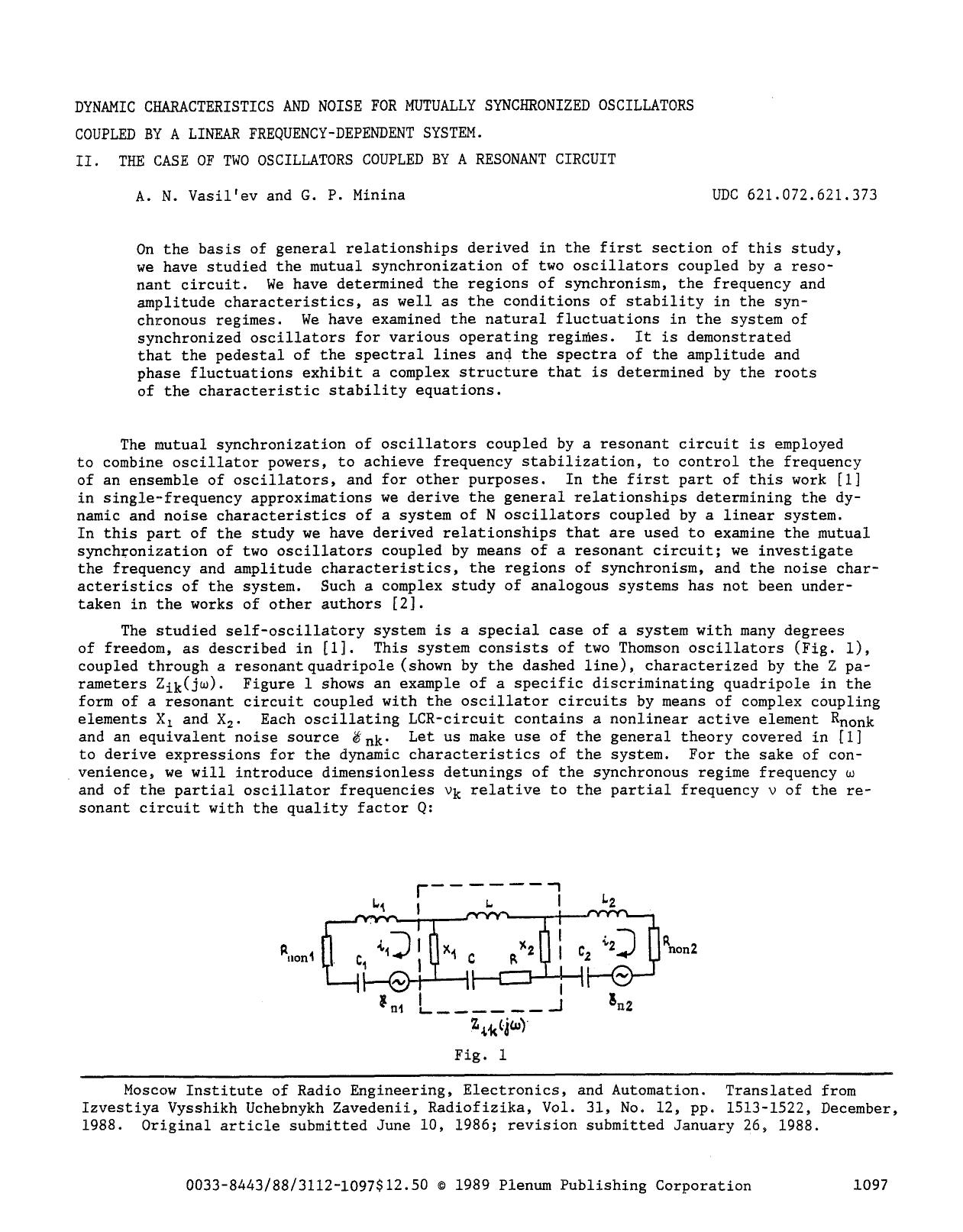 Dynamic characteristics and noise for mutually synchronized oscillators coupled by a linear frequency-dependent system. II. The case of two oscillators coupled by a resonant circuit by Unknown