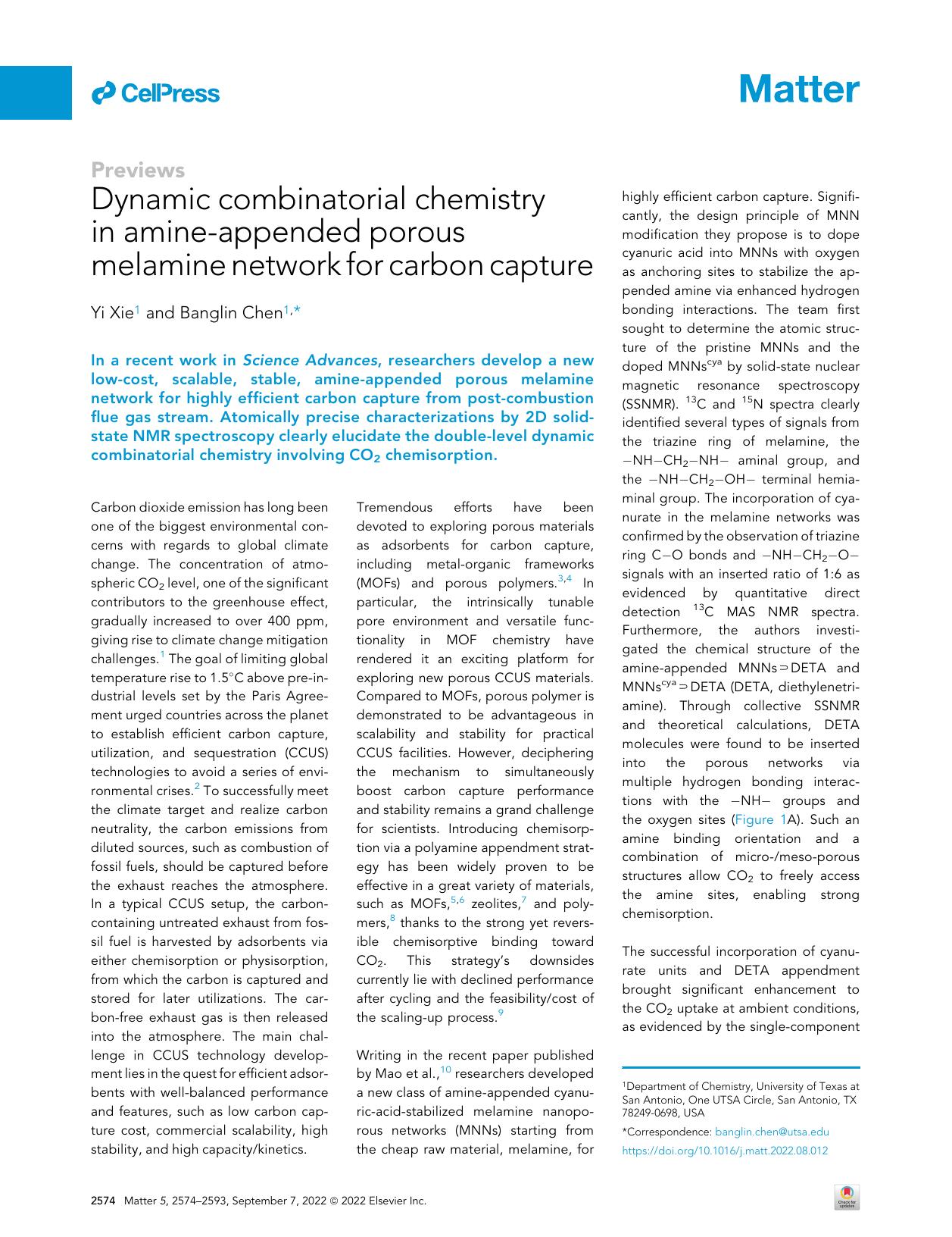 Dynamic combinatorial chemistry in amine-appended porous melamine network for carbon capture by Yi Xie & Banglin Chen