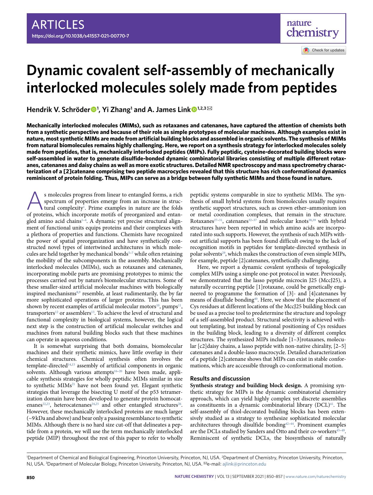 Dynamic covalent self-assembly of mechanically interlocked molecules solely made from peptides by Hendrik V. Schröder & Yi Zhang & A. James Link