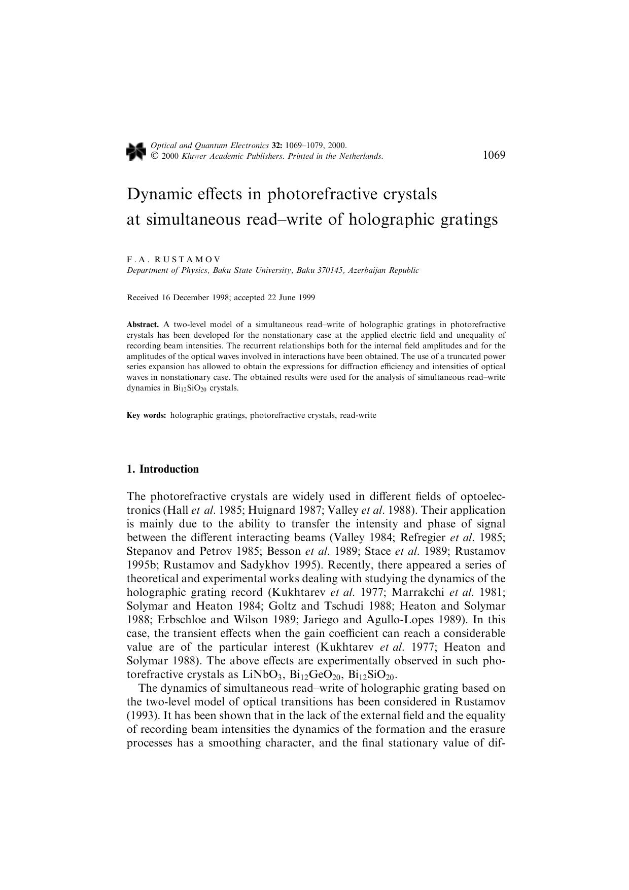 Dynamic effects in photorefractive crystals at simultaneous read–write of holographic gratings by Unknown