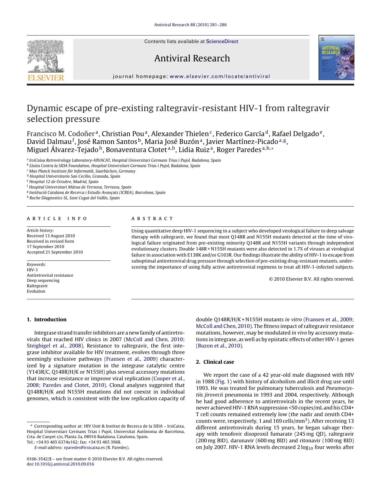 Dynamic escape of pre-existing raltegravir-resistant HIV-1 from raltegravir selection pressure by Francisco M. CodoÃ±er