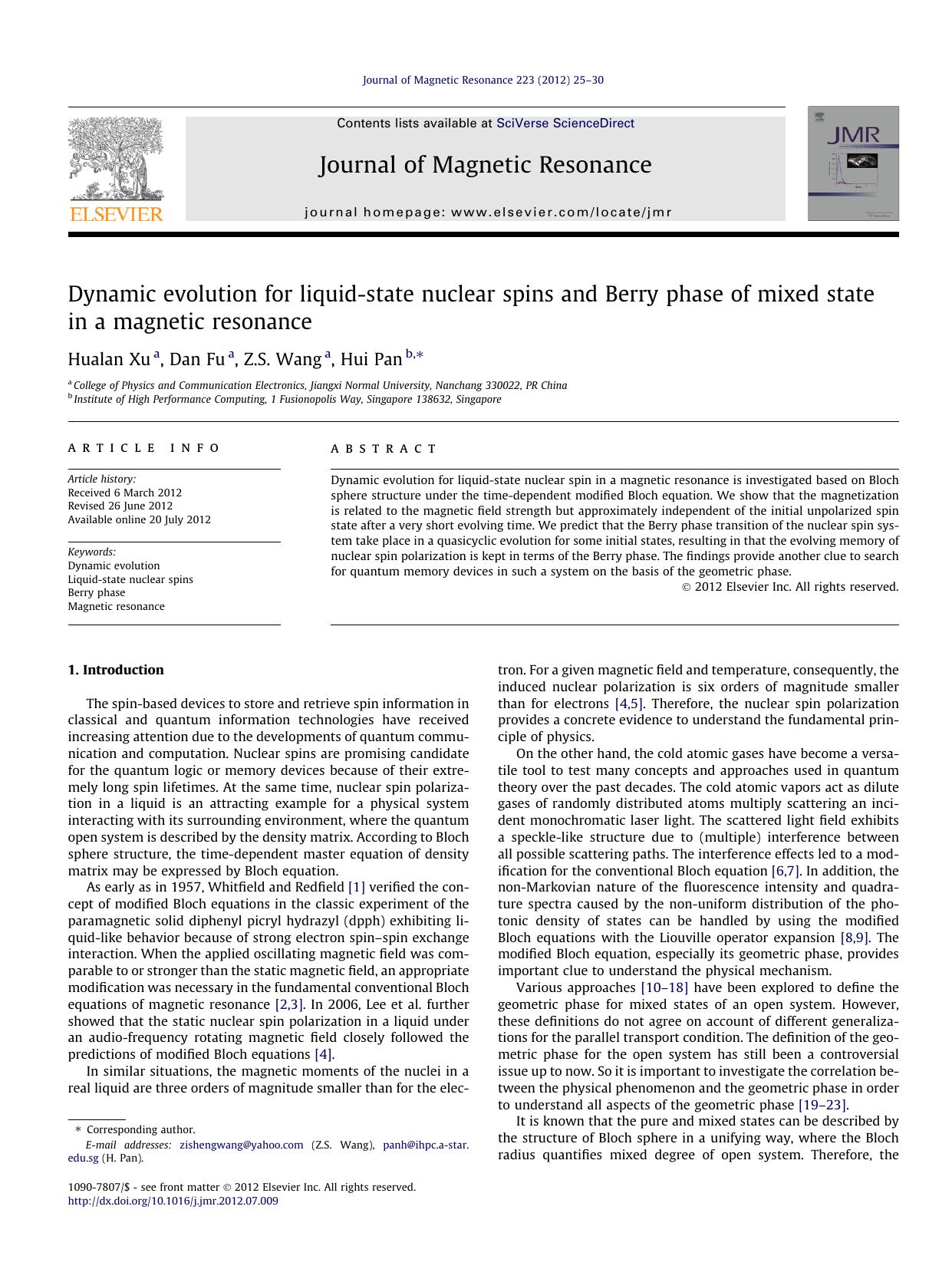 Dynamic evolution for liquid-state nuclear spins and Berry phase of mixed state in a magnetic resonance by Hualan Xu & Dan Fu & Z.S. Wang & Hui Pan
