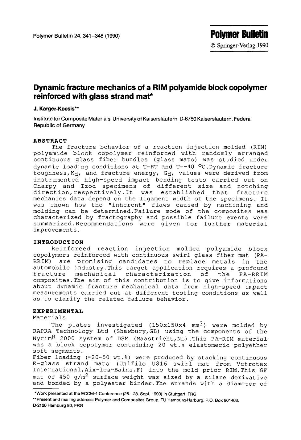 Dynamic fracture mechanics of a RIM polyamide block copolymer reinforced with glass strand mat by Unknown