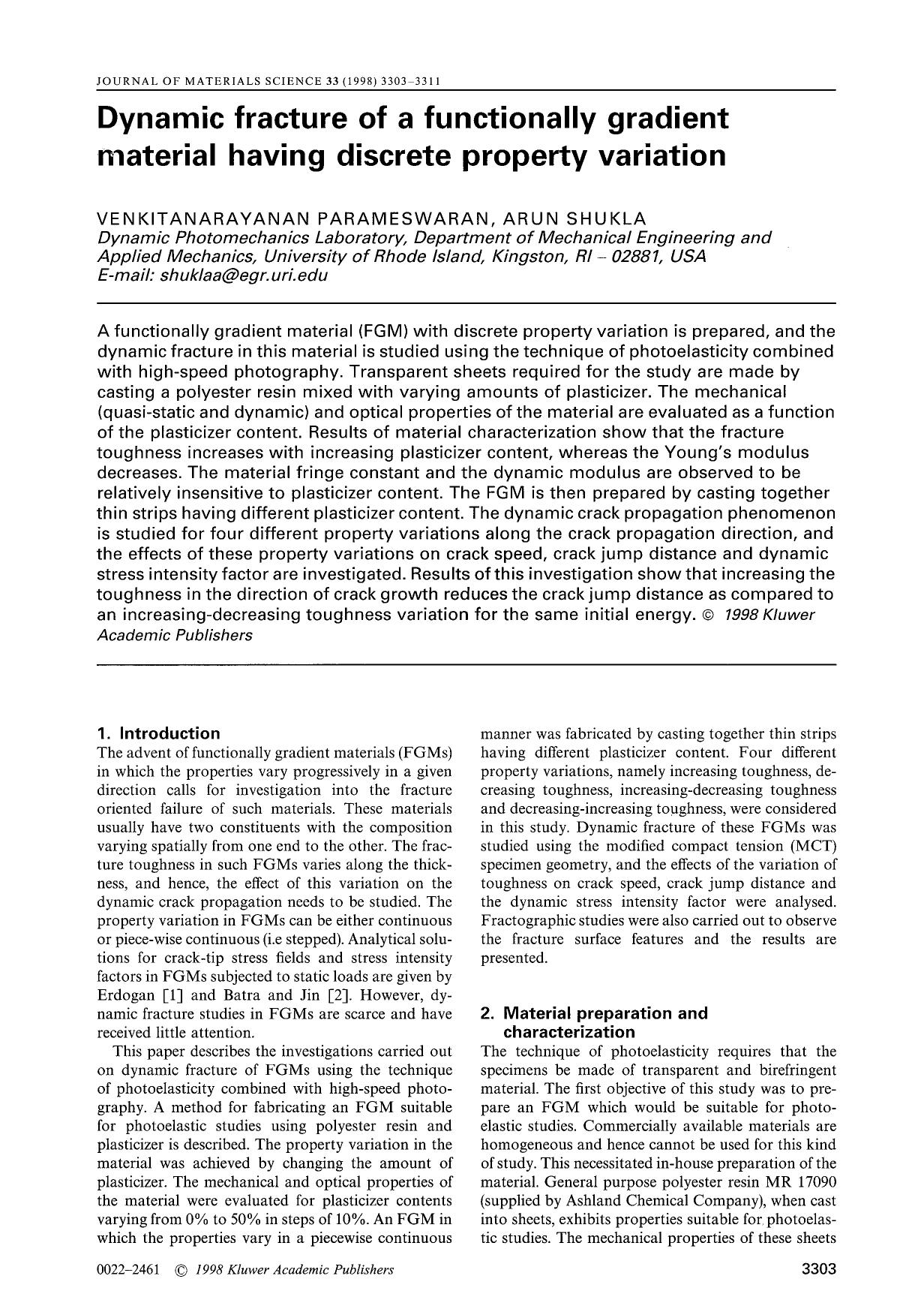 Dynamic fracture of a functionally gradient material having discrete property variation by Unknown