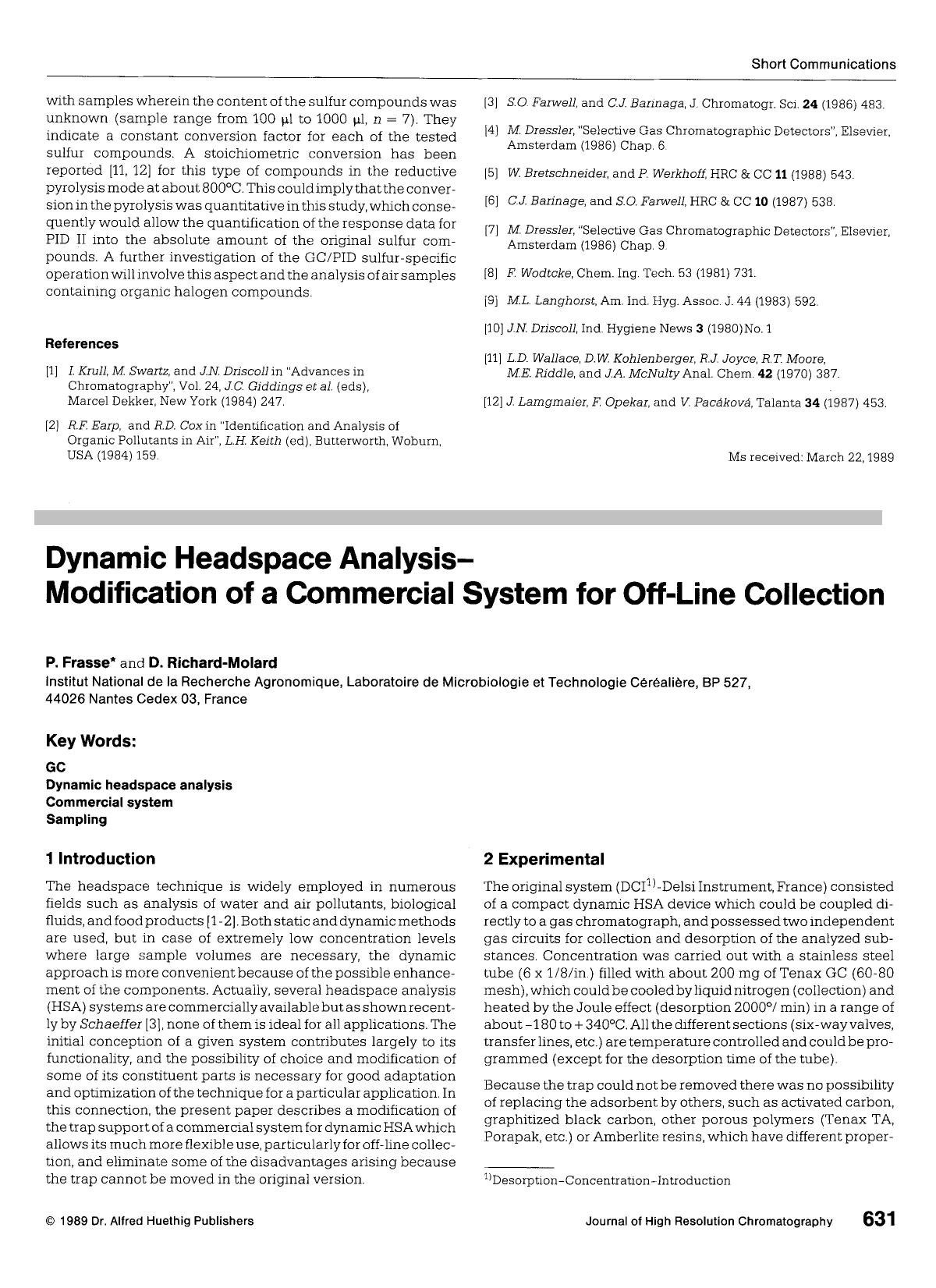 Dynamic headspace analysis-modification of a commercial system for off-line collection by Unknown