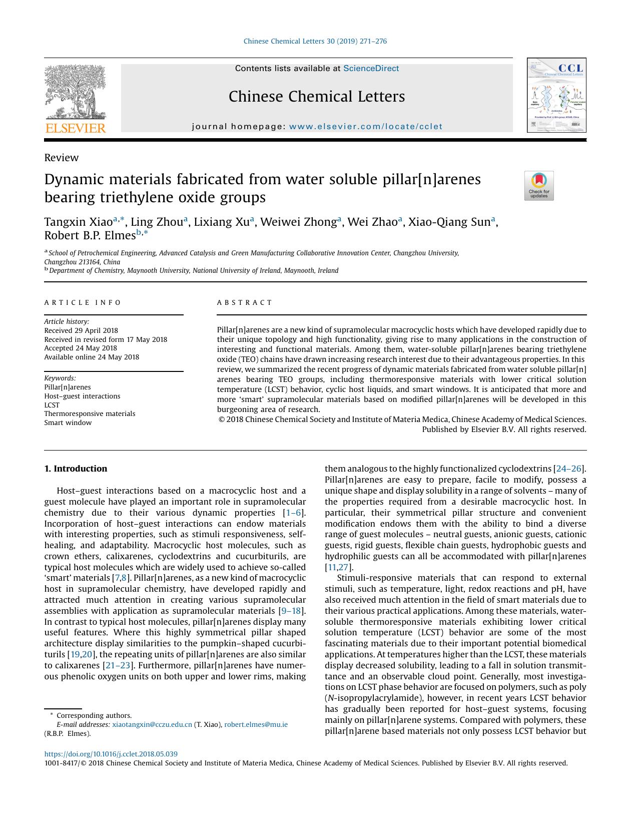 Dynamic materials fabricated from water soluble pillar[n]arenes bearing triethylene oxide groups by Tangxin Xiao & Ling Zhou & Lixiang Xu & Weiwei Zhong & Wei Zhao & Xiao-Qiang Sun & Robert B.P. Elmes