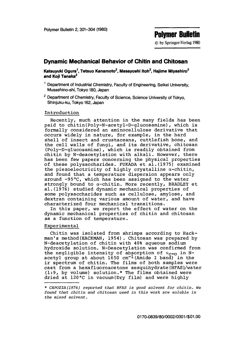 Dynamic mechanical behavior of chitin and chitosan by Unknown