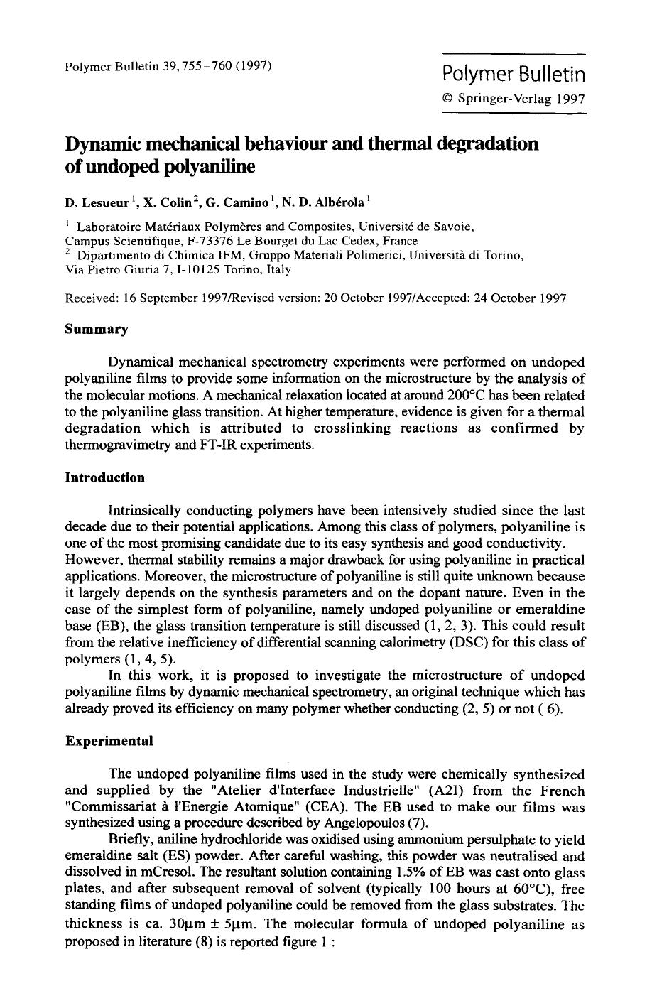 Dynamic mechanical behaviour and thermal degradation of undoped polyaniline by Unknown