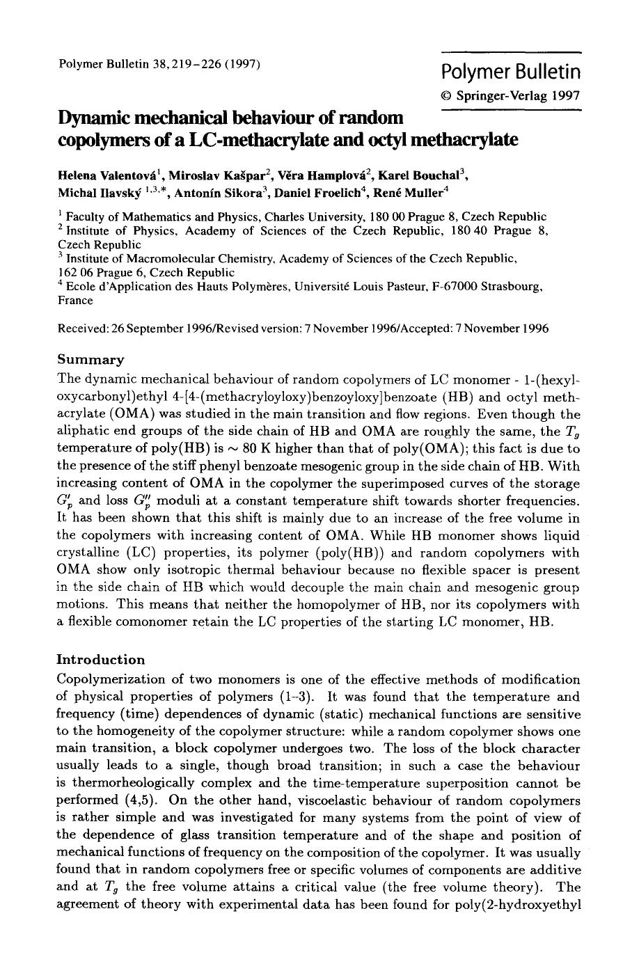 Dynamic mechanical behaviour of random copolymers of a LC-methacrylate and octyl methacrylate by Unknown