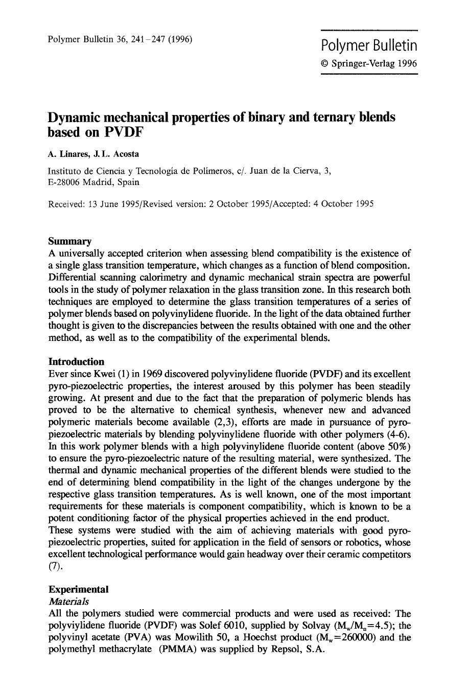 Dynamic mechanical properties of binary and ternary blends based on PVDF by Unknown