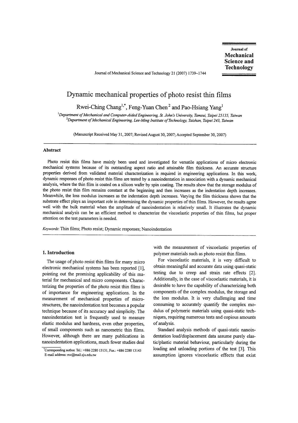 Dynamic mechanical properties of photo resist thin films by Unknown