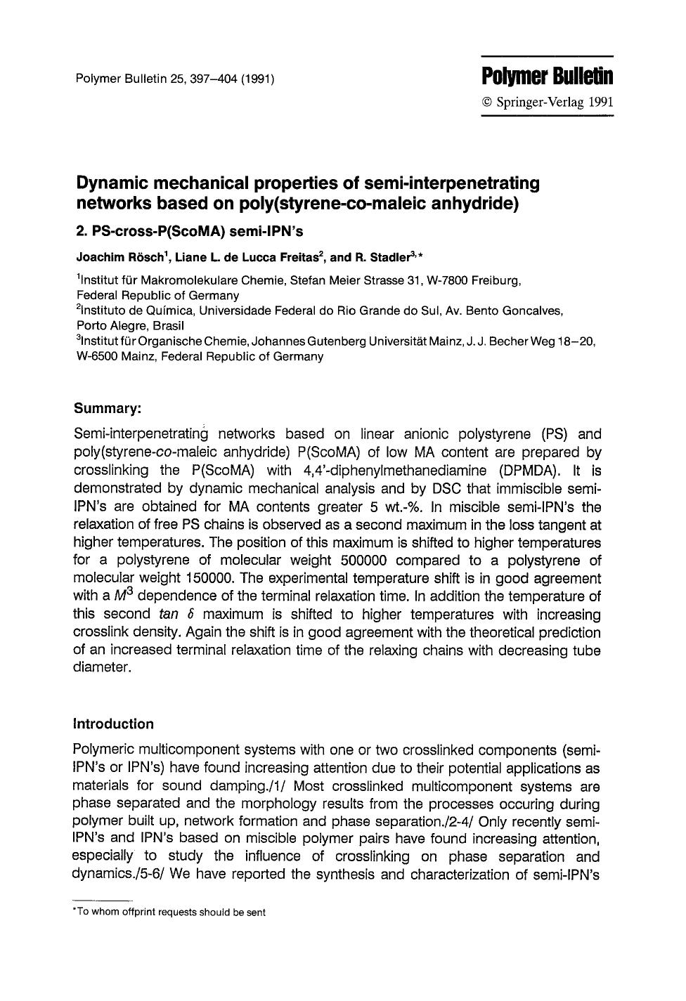 Dynamic mechanical properties of semi-interpenetrating networks based on poly(styrene-co-maleic anhydride) by Unknown