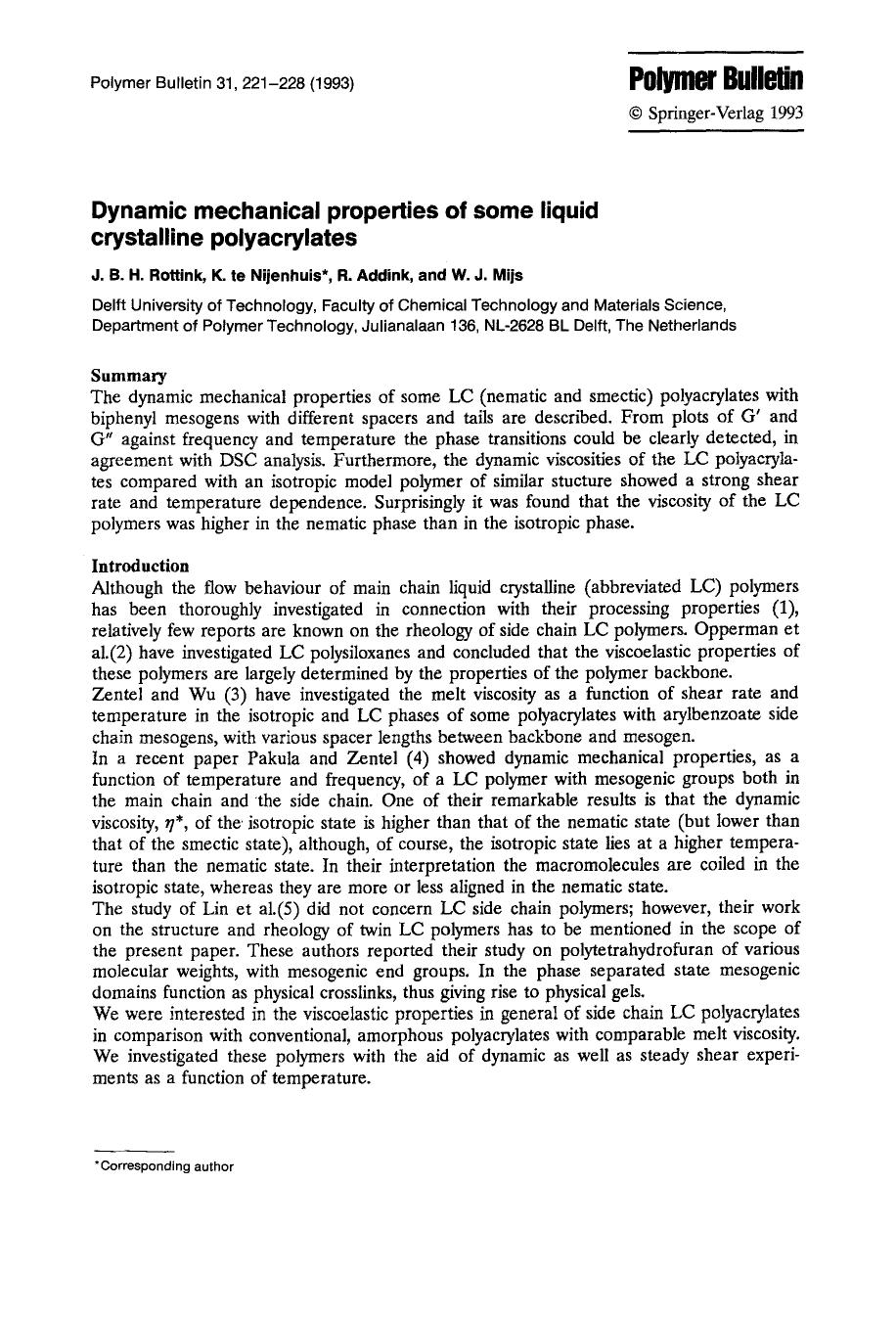 Dynamic mechanical properties of some liquid crystalline polyacrylates by Unknown