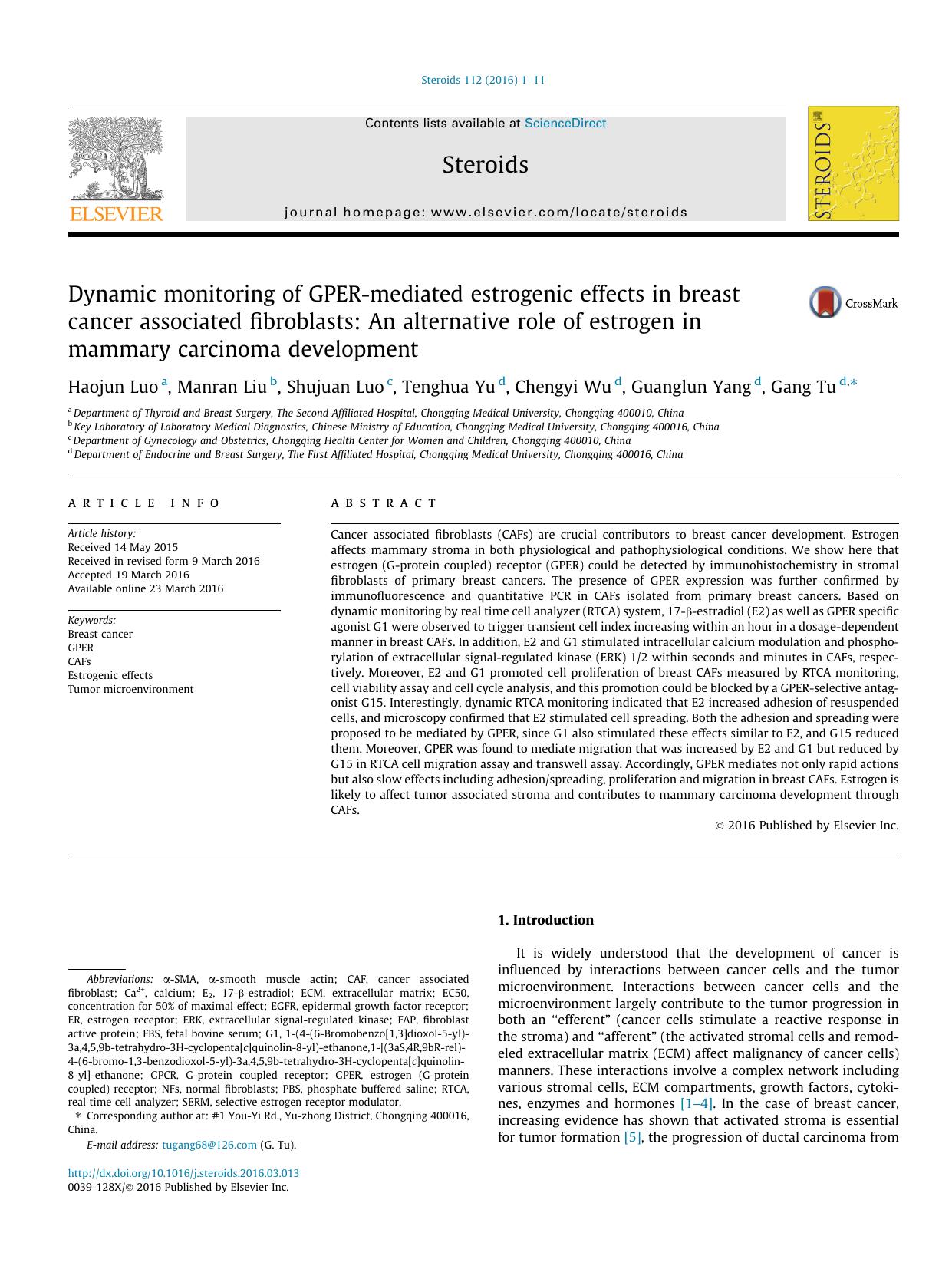 Dynamic monitoring of GPER-mediated estrogenic effects in breast cancer associated fibroblasts: An alternative role of estrogen in mammary carcinoma development by Haojun Luo & Manran Liu & Shujuan Luo & Tenghua Yu & Chengyi Wu & Guanglun Yang & Gang Tu