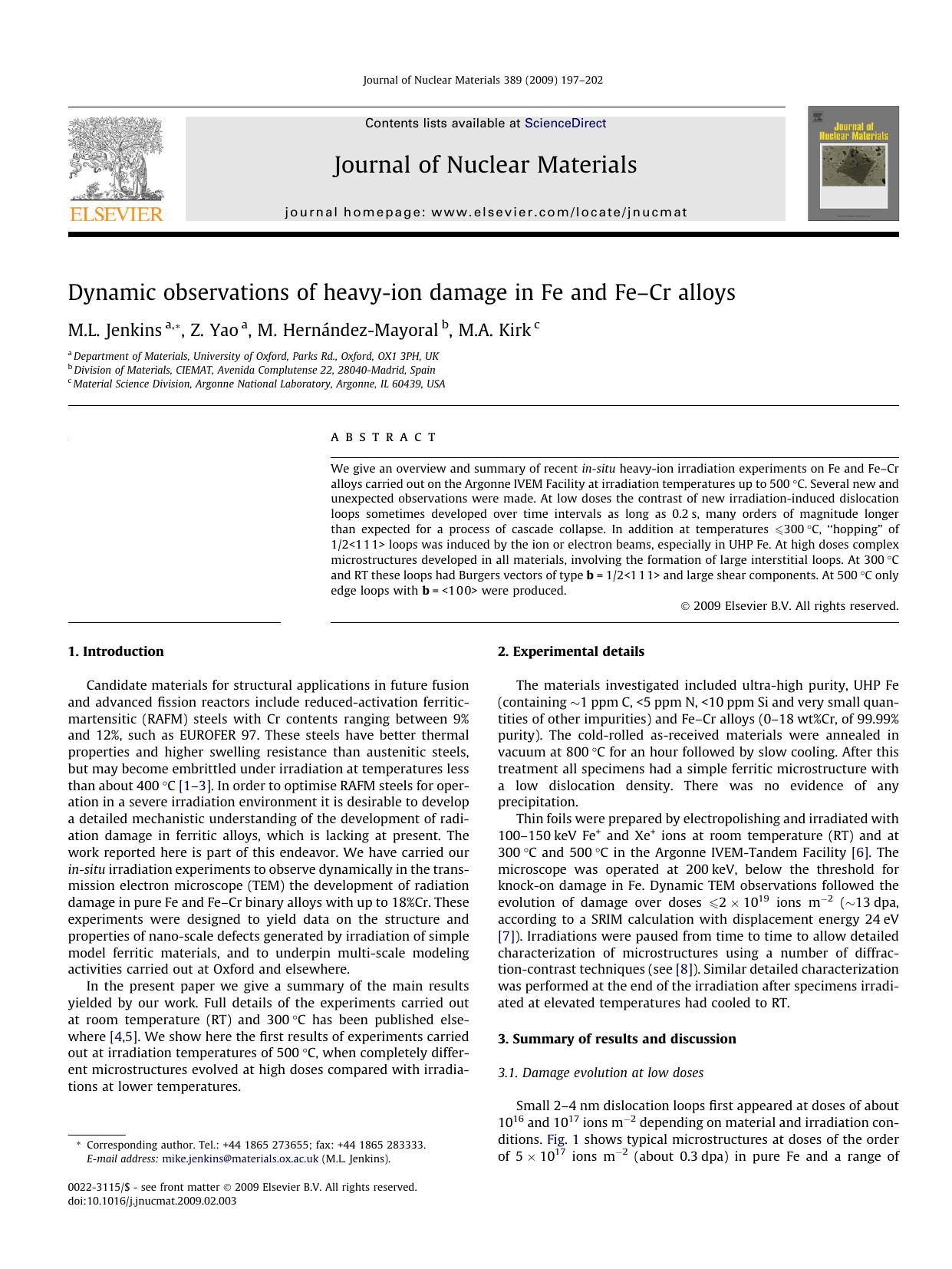 Dynamic observations of heavy-ion damage in Fe and FeâCr alloys by M.L. Jenkins; Z. Yao; M. Hernández-Mayoral; M.A. Kirk