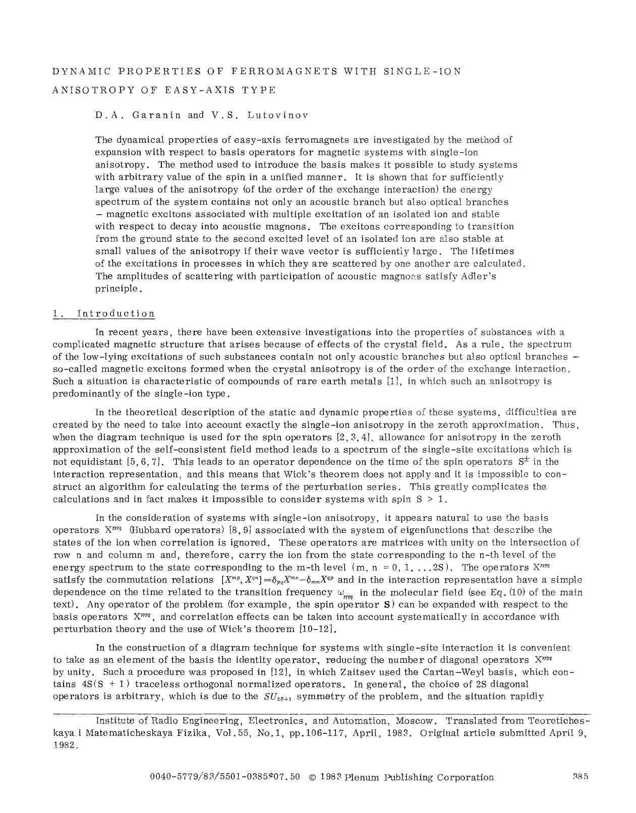 Dynamic properties of ferromagnets with single-ion anisotropy of easy-axis type by Unknown