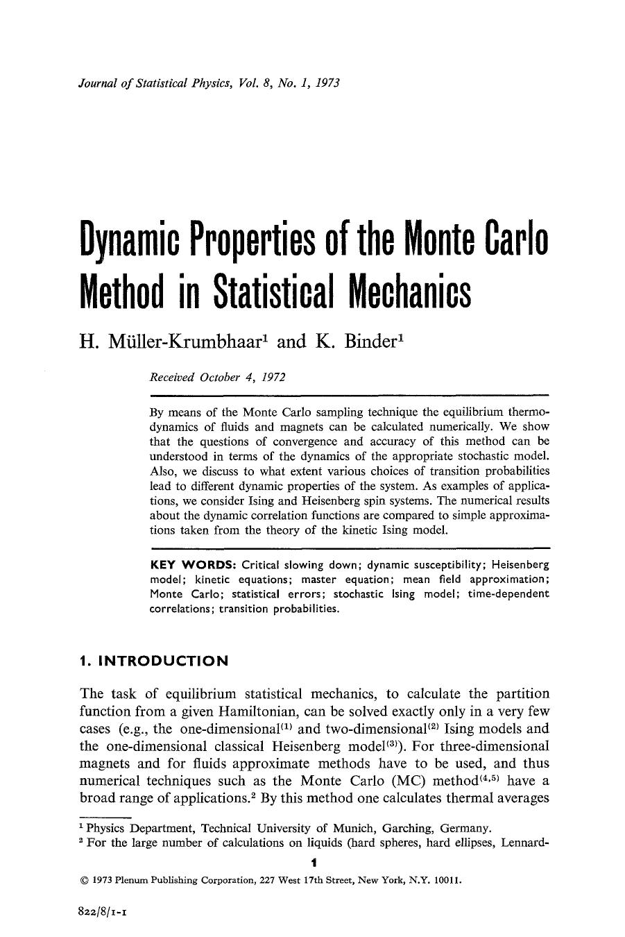 Dynamic properties of the Monte Carlo method in statistical mechanics by Unknown