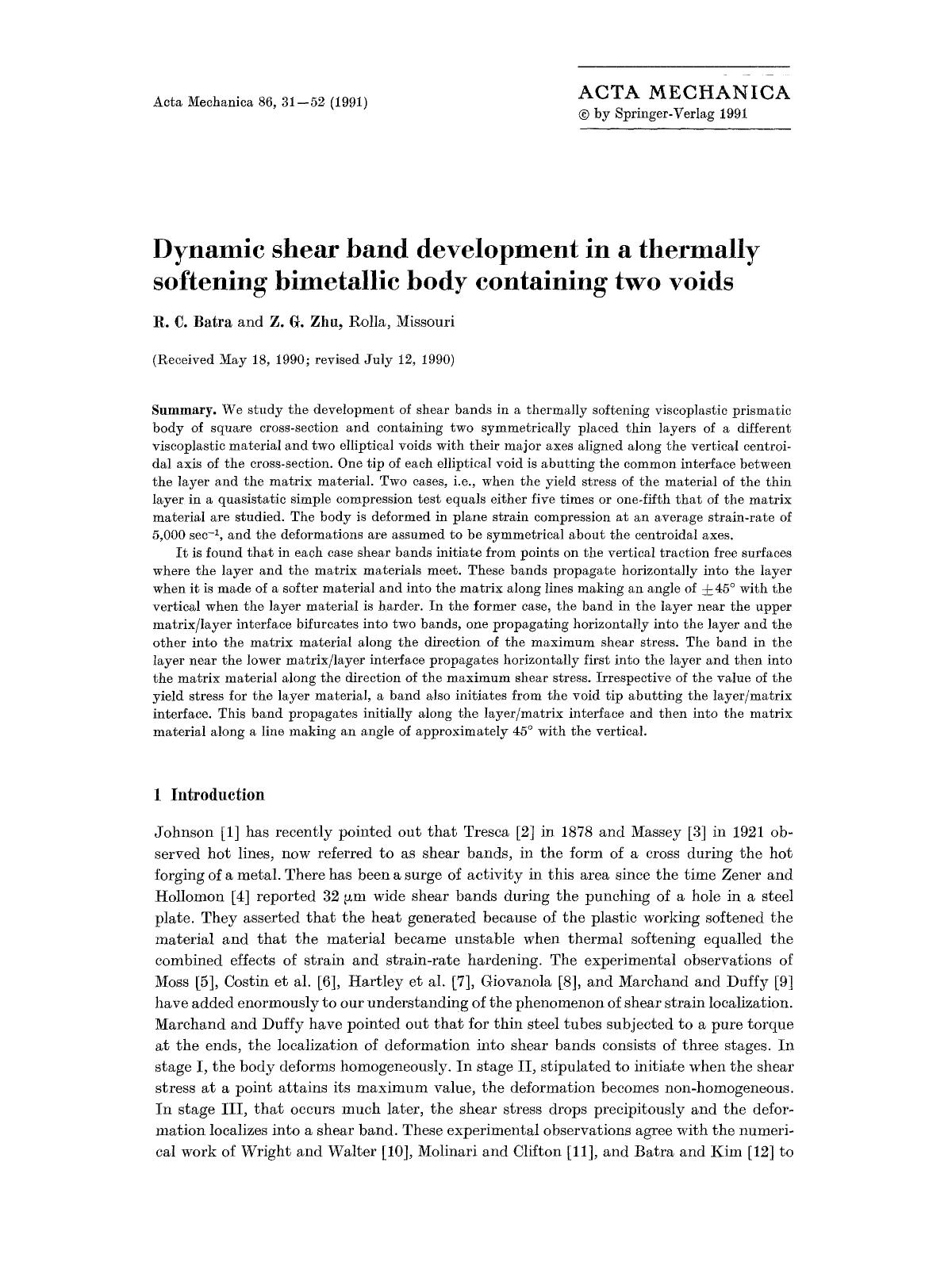 Dynamic shear band development in a thermally softening bimetallic body containing two voids by Unknown