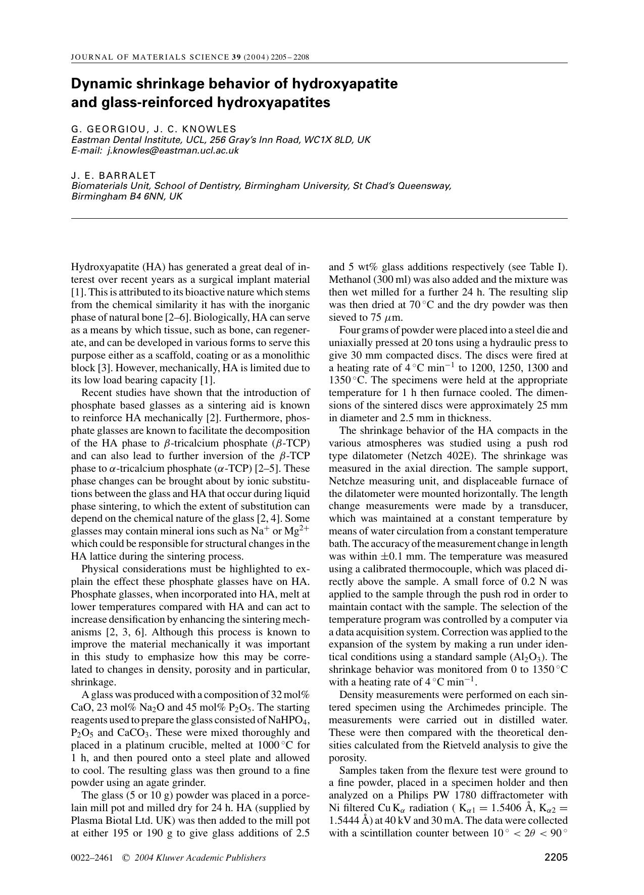 Dynamic shrinkage behavior of hydroxyapatite and glass-reinforced hydroxyapatites by Unknown
