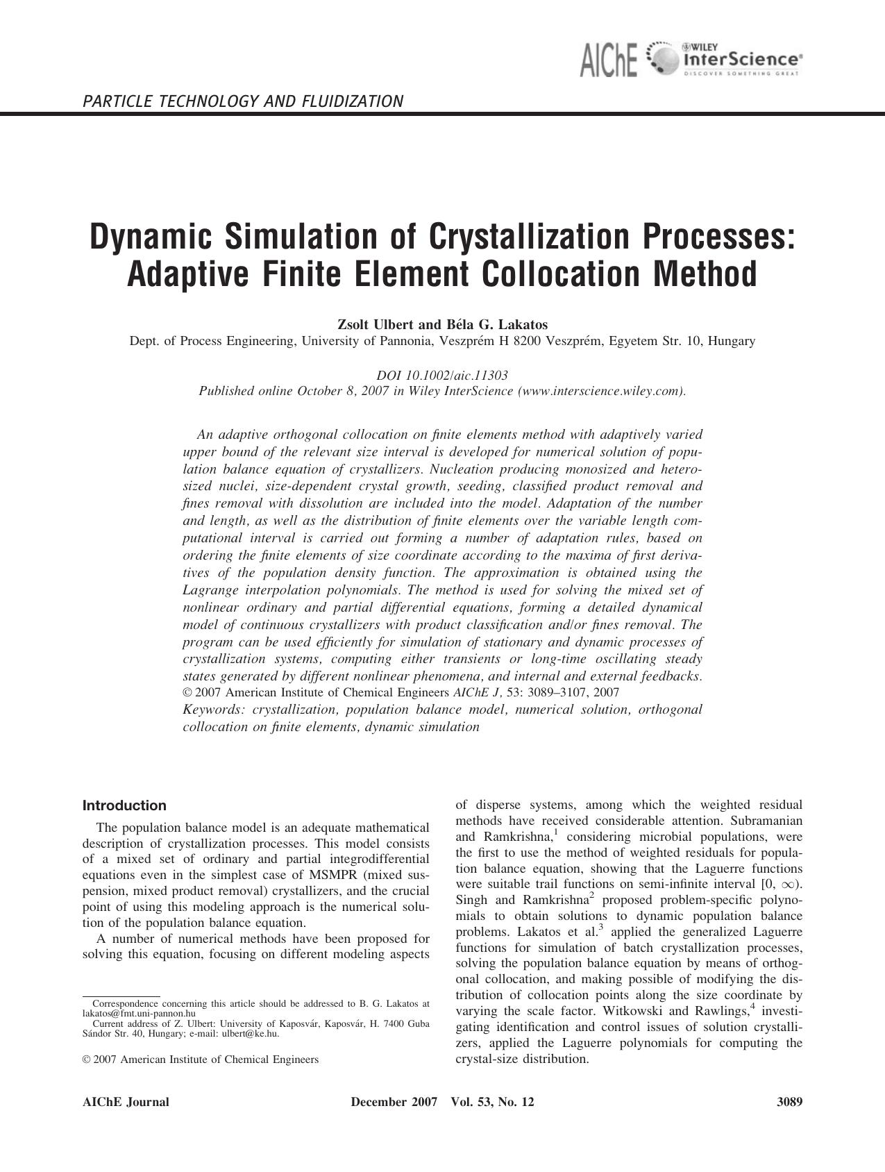 Dynamic simulation of crystallization processes: Adaptive finite element collocation method by Unknown